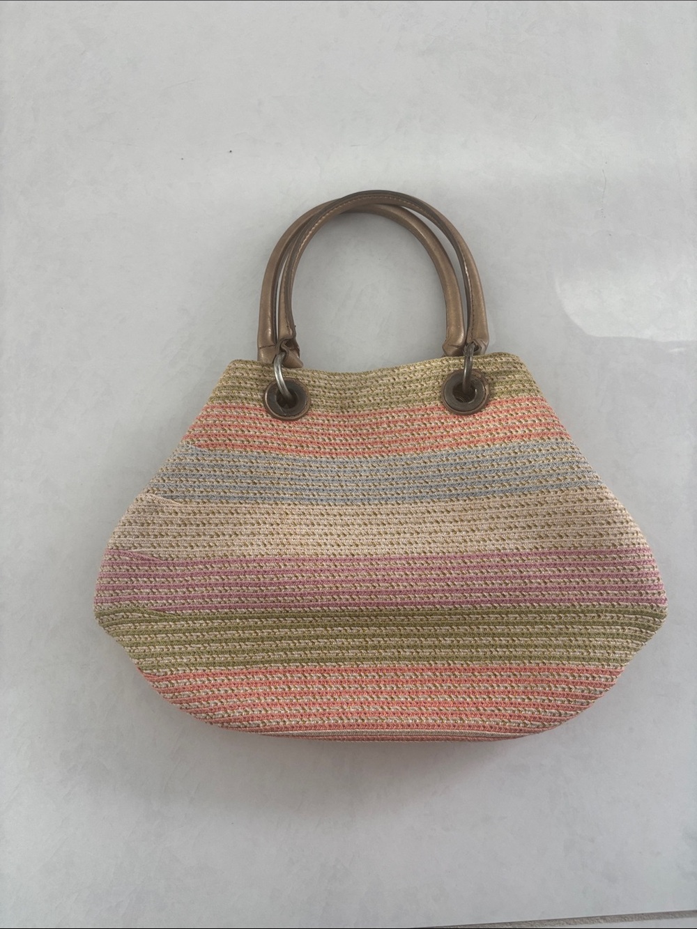 Striped Straw tote bag with Leather Handles - Pink/Green/Beige